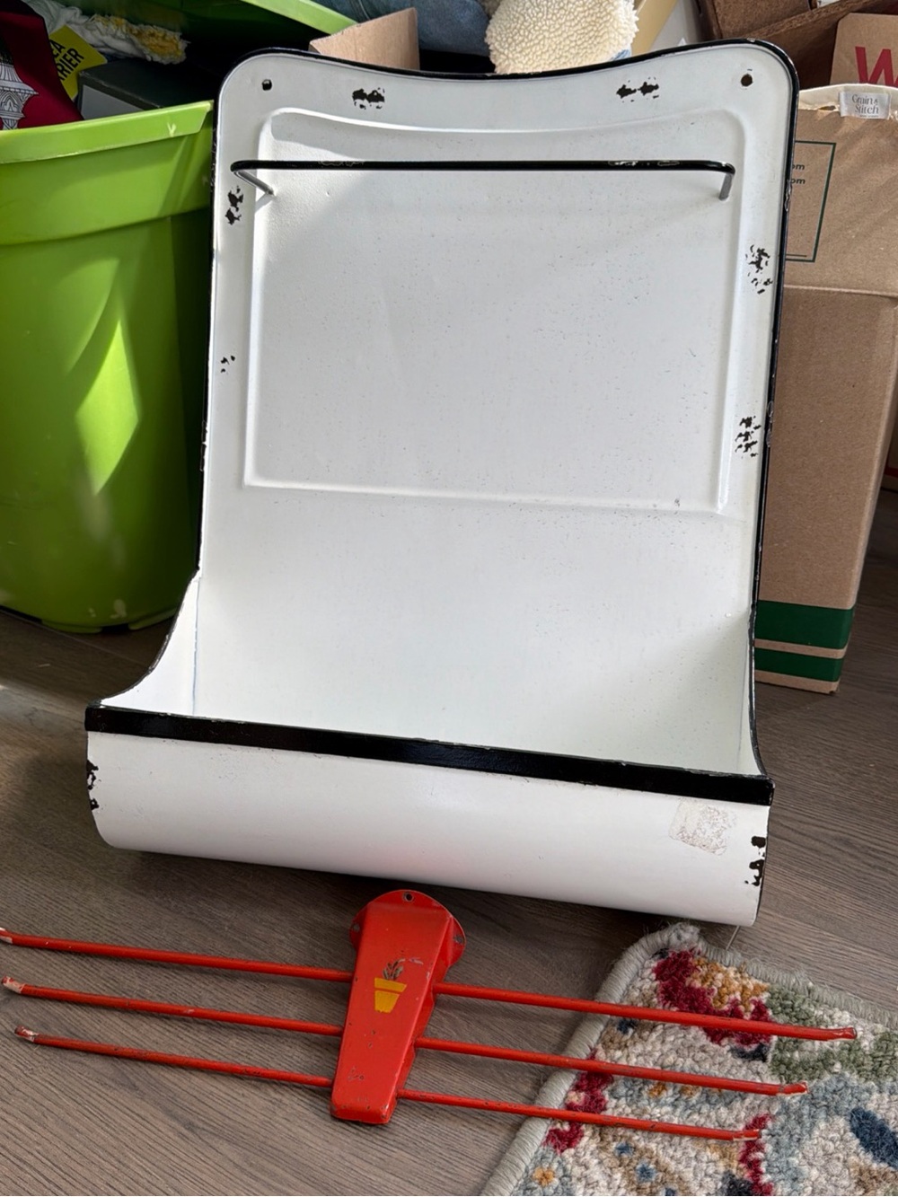 Rare antique metal Enamelware Kitchen Towel Racks Lg. Trough Rack + Red Art Deco